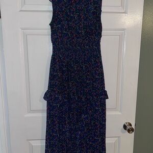 Lulu's Navy Floral Smocked Maxi Dress with Pink & Green Accents